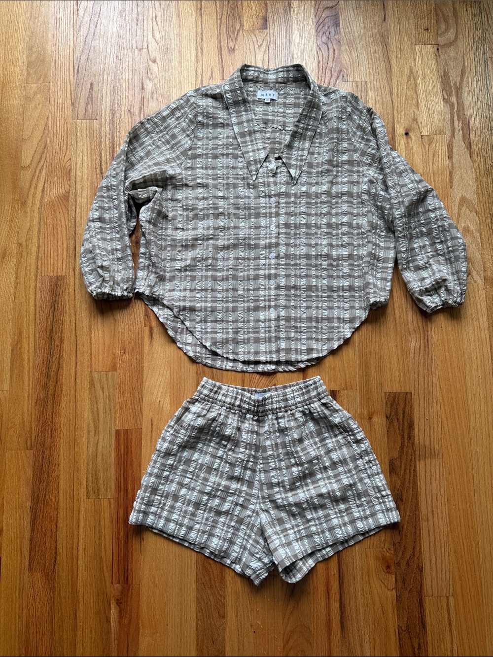 Wray Nic shirt and short Two-Piece Plaid Lounge Set in tortilla chip